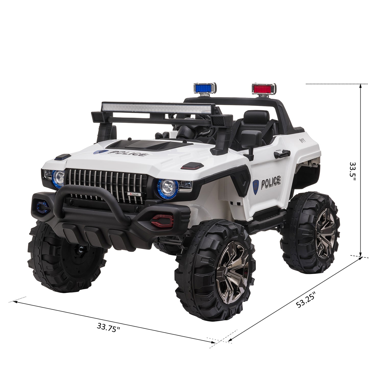 12V Kids Police Truck Ride-On Car RC 2-Seater with LED Lights MP3 Parental Remote Control White Kids Crystal