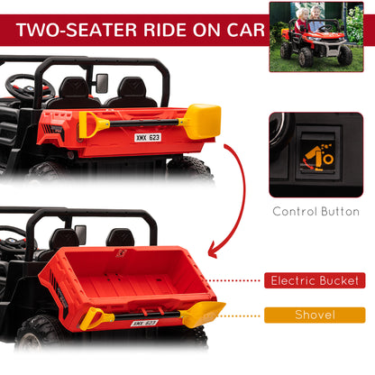 Kids Ride on Car 12V with Electric Bucket, Two-Seater Battery-Powered Cars for Kids with Shovel, Remote Control, Spring Suspension