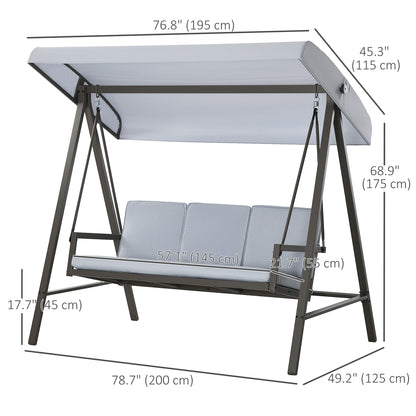 3 Seater Patio Swing Chair, Porch Swing with Adjustable Canopy and Removable Cushions, Outdoor Swing Seat, Light Grey