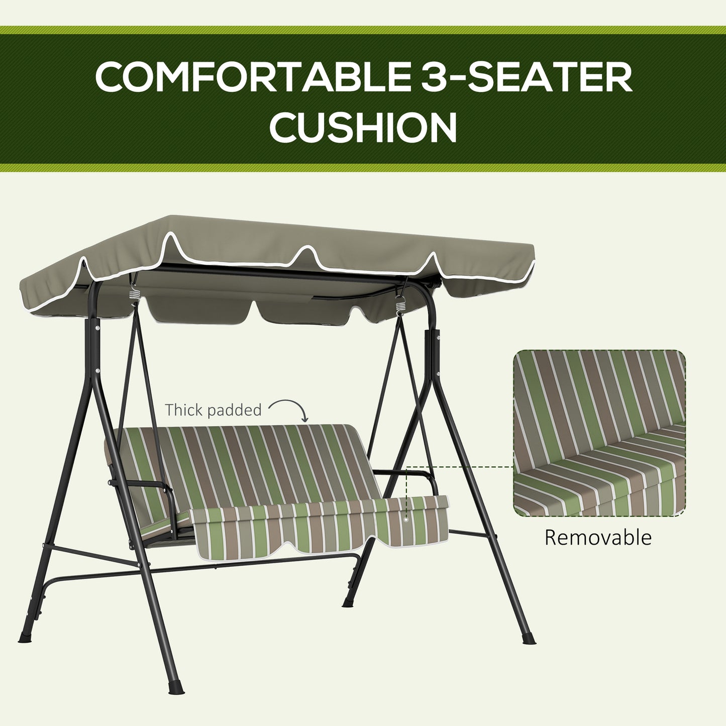 3-Seater Porch Swing with Adjustable Canopy - Outdoor Patio Swing Chair, Garden, Poolside, Green/Brown Kids Crystal