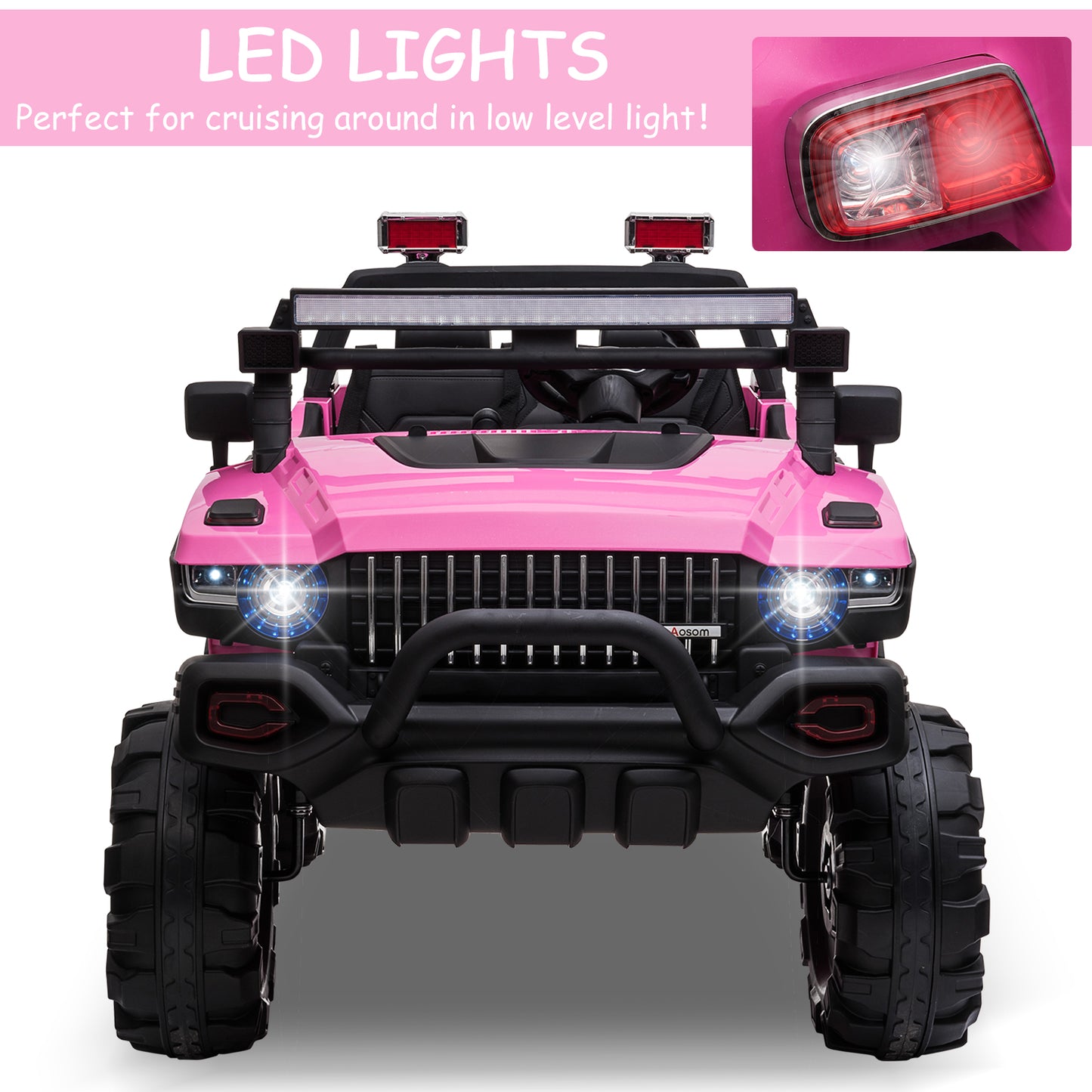 Kids 12V RC 2-Seater Police Truck Ride-On Car LED Lights MP3 Parental Remote Control Pink Kids Crystal