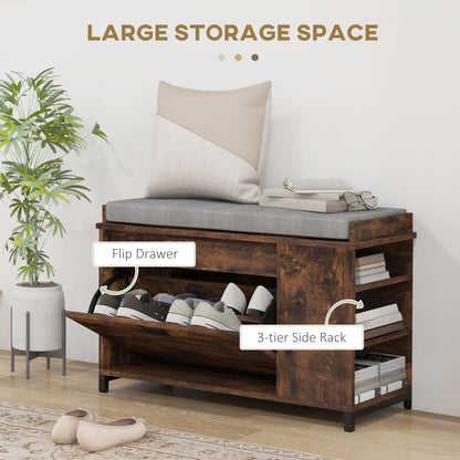 Hallway Bench with Shoe Storage Seat Rustic Brown Upholstered Flip Drawer Side Rack for 6 Pairs