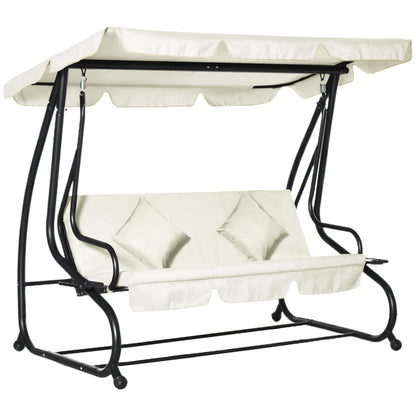 3 Seater Patio Swing Chair Convertible Cushioned Bed Outdoor Porch Backyard with Canopy and Pillow Cream White