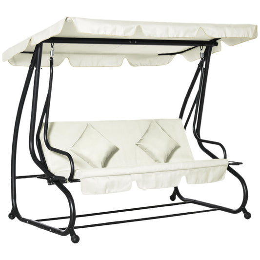 3 Seater Patio Swing Chair Convertible Cushioned Bed Outdoor Porch Backyard with Canopy and Pillow Cream White Kids Crystal