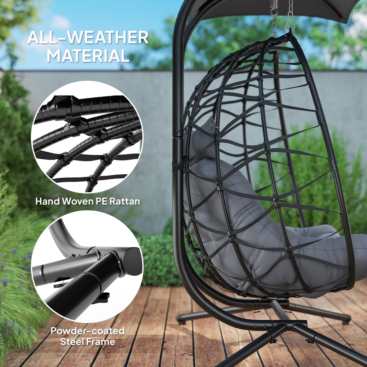 Double Wicker Egg Swing Chair with Canopy, Foldable Hanging Egg Chair with Stand Cushion Headrest, Black Kids Crystal