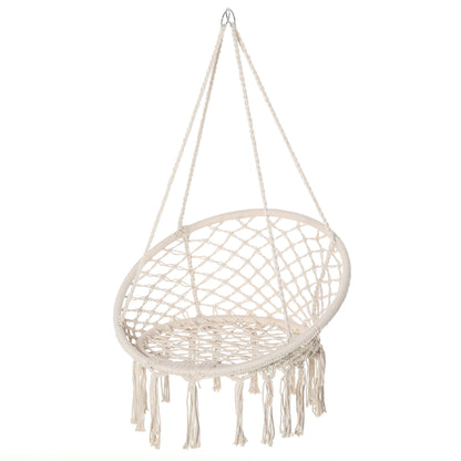 Hammock Chair Hanging Rope Swing Indoor Outdoor Backrest Cotton Polyester Fringe Tassels Cream White