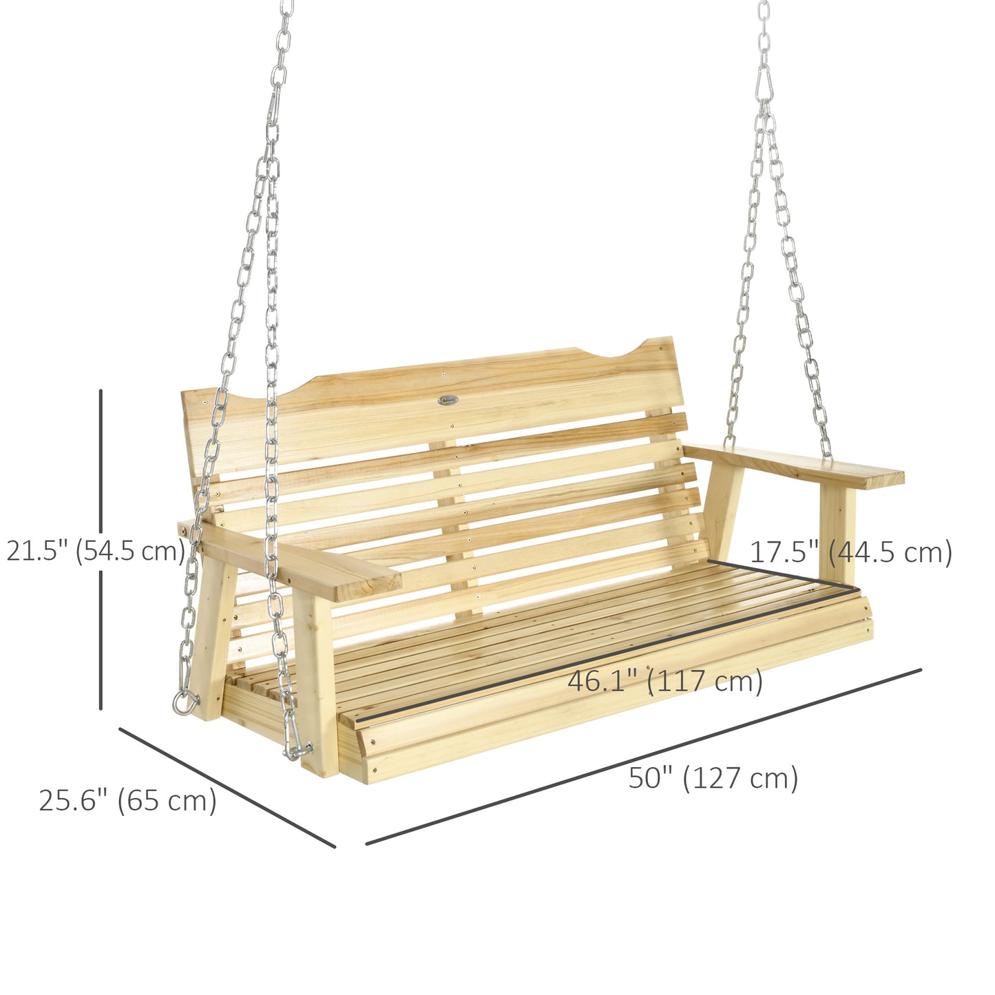 2-Seater Porch Swing, Patio Swing Bench with Adjustable Hanging Chains for Deck, Patio, Garden, Backyard, Natural Wood Kids Crystal