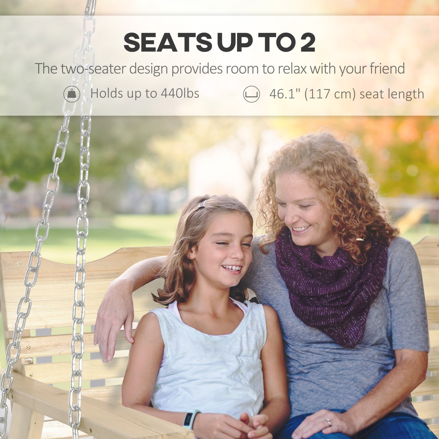 2-Seater Porch Swing, Patio Swing Bench with Adjustable Hanging Chains for Deck, Patio, Garden, Backyard, Natural Wood Kids Crystal