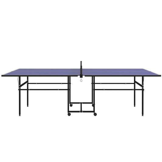 Full Size Table Tennis Table, Folding Ping Pong Table with Net, Paddles, Balls and Wheels, Blue Kids Crystal