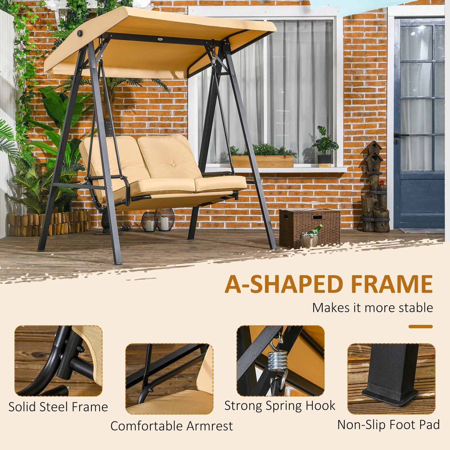 2-Seater Outdoor Porch Swing with Adjustable Canopy, Patio Swing Chair for Garden, Poolside, Backyard, Beige Kids Crystal