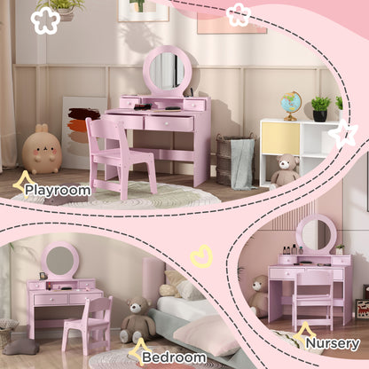 Kids Vanity Set, Children Makeup Table with Mirror, Stool and Storage Drawers, for Ages 3-8, Pink