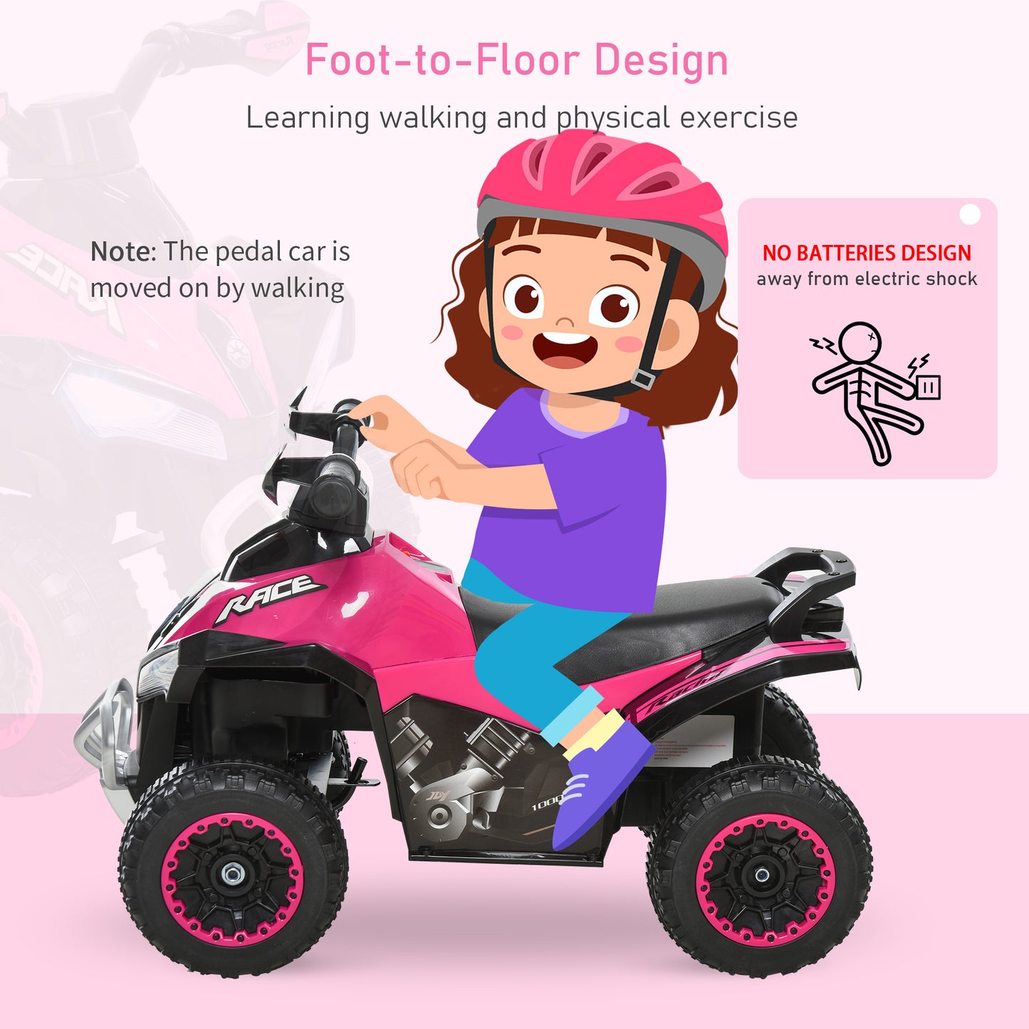 Kids Ride-On Motorcycle Toy 4 Wheels Walker No Power Foot To Floor with Music and Light Kids Crystal