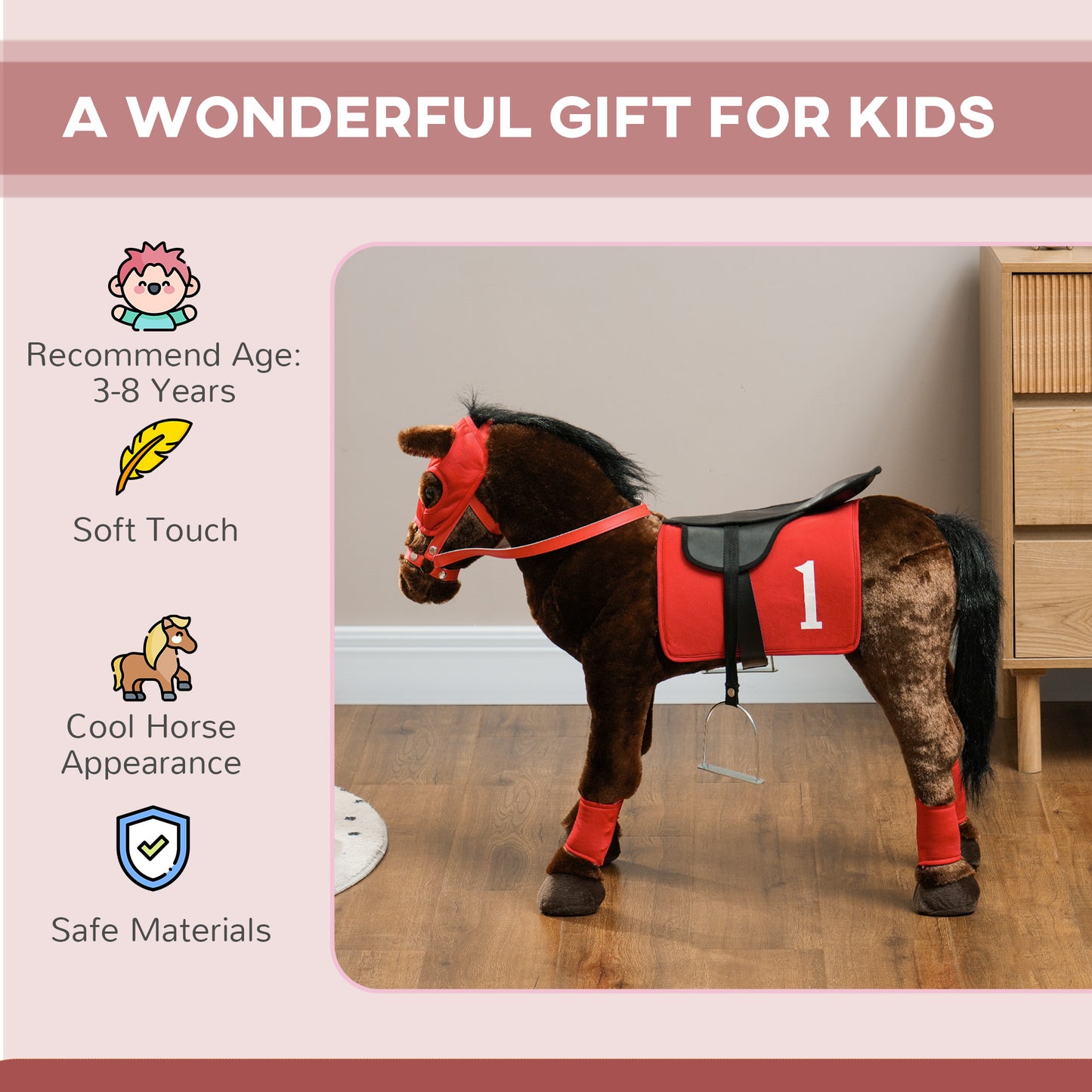 Kids Ride On Horse w/ Neighing Sound, Saddle, Stirrups, for 3-8 Years Kids Crystal