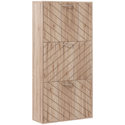 Narrow Slim Shoe Storage Cabinet with 3 Flip Drawers 12 Pair Shoes Organizer for Hallway Entryway Nature Wood