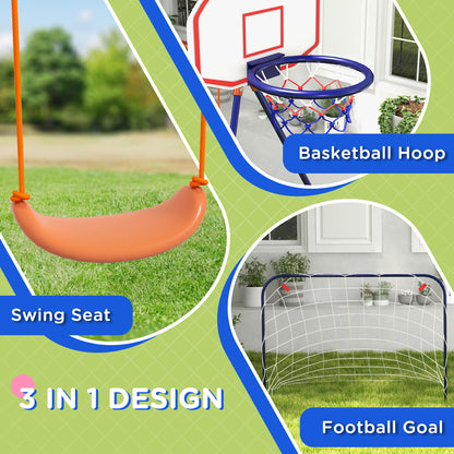 Outdoor Kids Swing Set with Seat, Basketball Hoop, Football Goal, Secure Ground Stakes for Ages 3-8