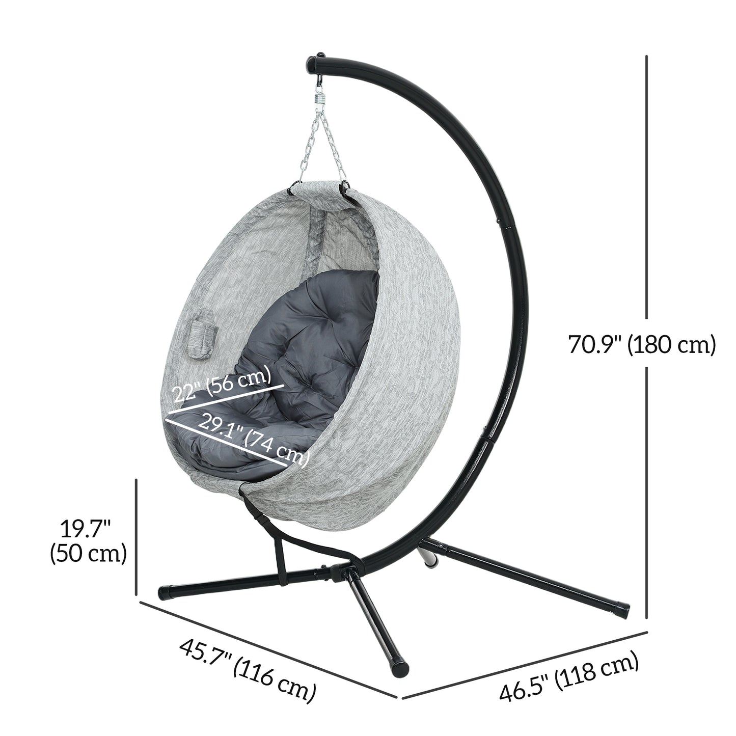 Egg Chair with Folding Basket, Outdoor Indoor Hanging Swing Chair with Stand, Cushions for Patio, Balcony, Grey