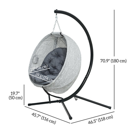Egg Chair with Folding Basket, Outdoor Indoor Hanging Swing Chair with Stand, Cushions for Patio, Balcony, Grey