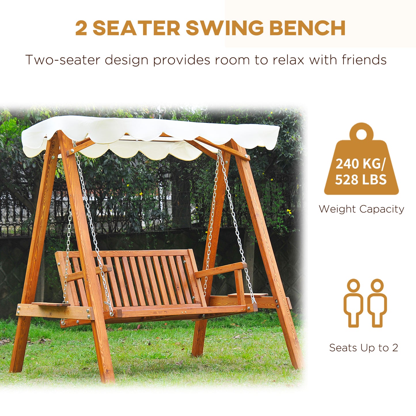 65" Patio Swing Chair with Canopy Outdoor Wooden Swing Bench Hammock for Garden, Poolside, Backyard Kids Crystal