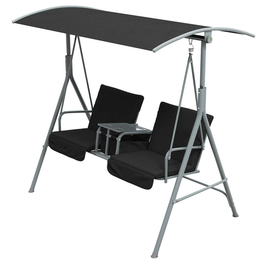 2-Seater Outdoor Porch Swing with Adjustable Canopy and Table, Patio Swing Chair for Garden, Poolside, Backyard, Black Kids Crystal
