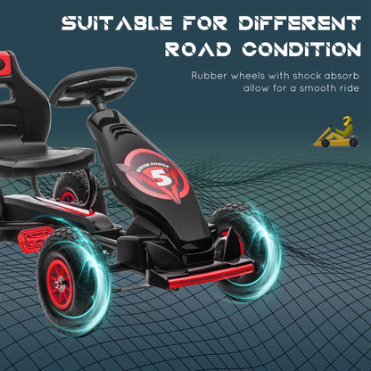 Kids Pedal Go Kart Ergonomic Adjustable Seat Rubber Wheels Shock Absorb Safety Hand Brake Ages 5-12 Red