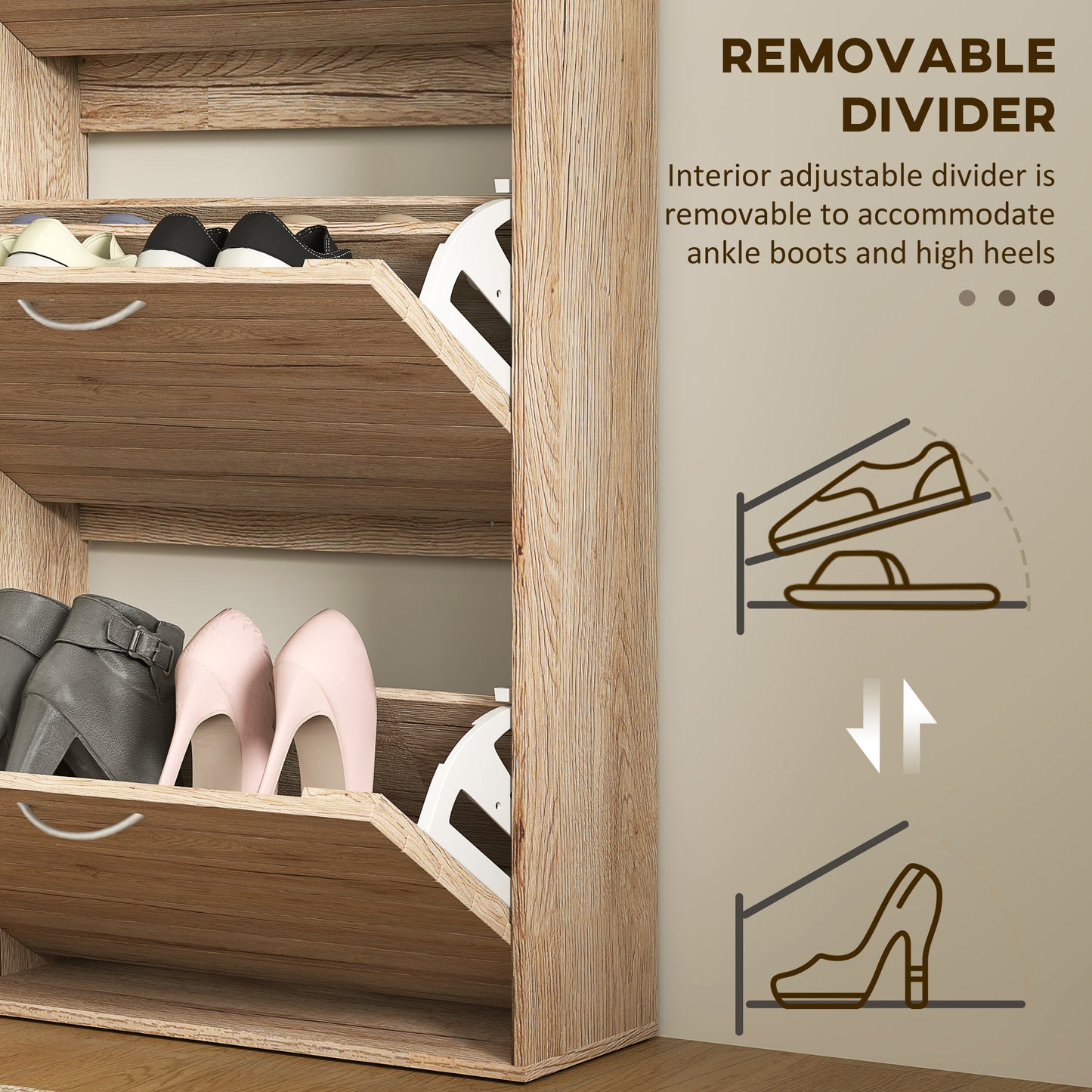 Shoe Storage Cabinet with 3 Flip Drawers, Narrow and Slim, 12 Pair of Shoes Organizer for Hallway, Entryway, Oak Kids Crystal