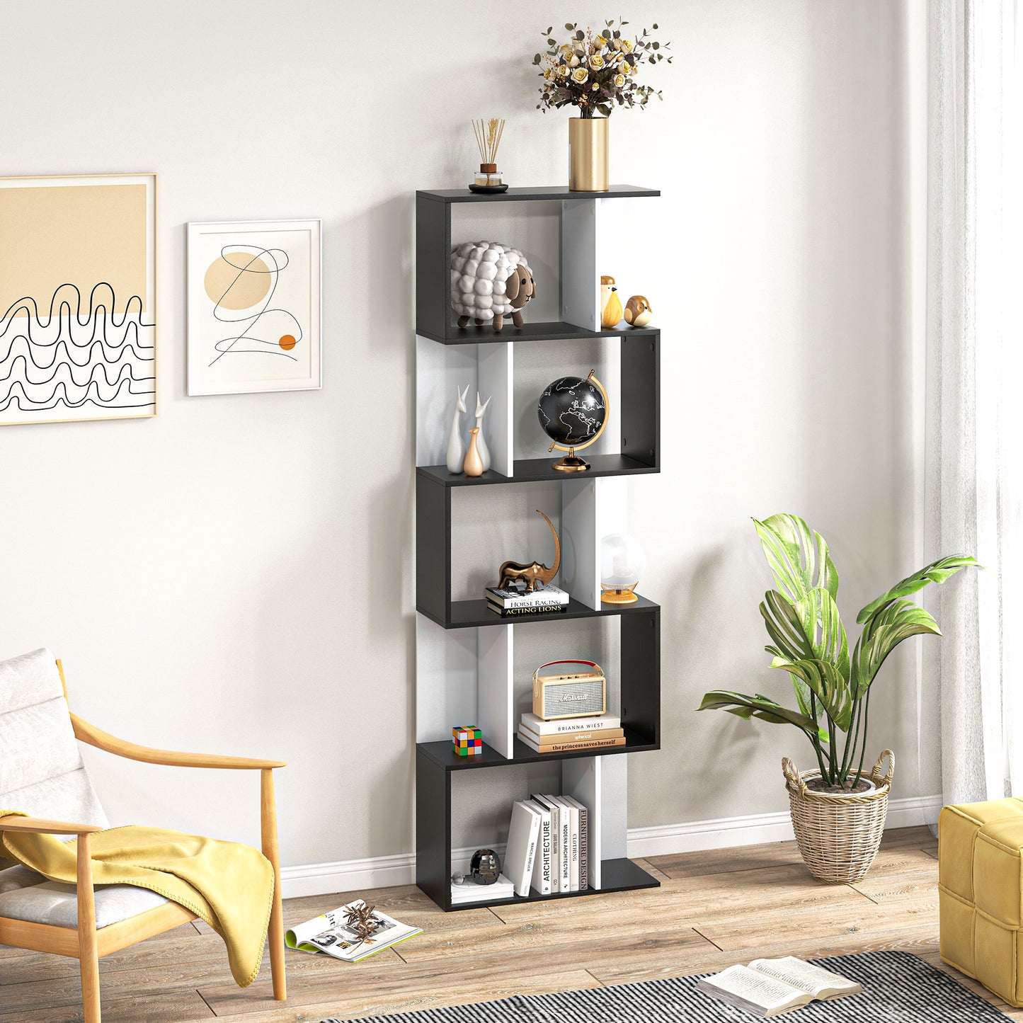 5-Tier Modern Bookcase Display Shelf Storage Room Divider for Living Room Home Office Black Kids Crystal