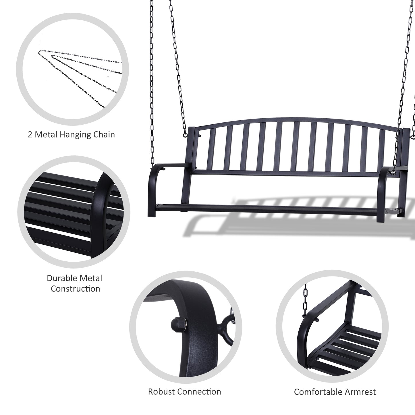 50" Porch Swing Bench Lounger: Outdoor Hanging Glider Chair Steel Frame Black Kids Crystal