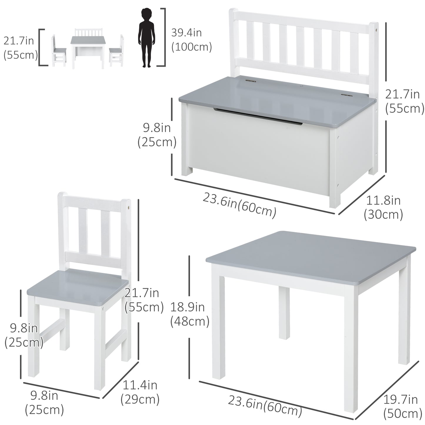 4-Piece Kids Table Chair Bench Set: With Storage, Easy Clean, Grey/White for Boys & Girls Kids Crystal