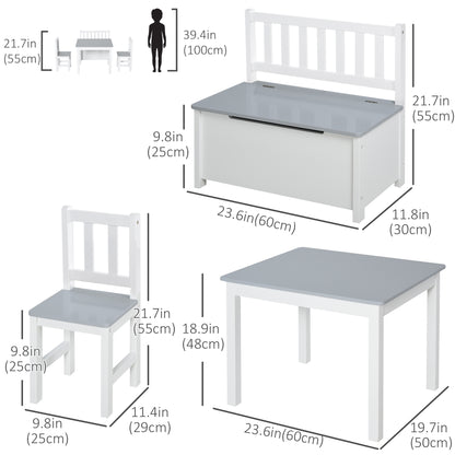 4-Piece Kids Table Chair Bench Set: With Storage, Easy Clean, Grey/White for Boys & Girls