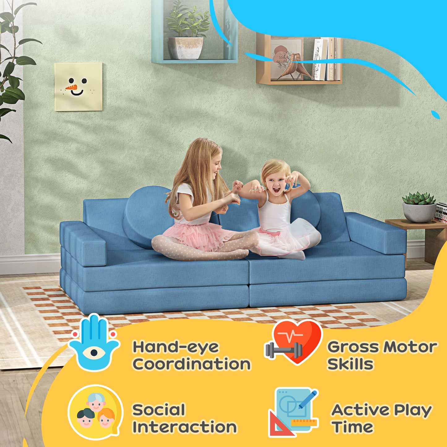 12-Piece Modular Kids Play Couch Building Fort for Playroom Bedroom, Convertible Kids Sofa, Blue