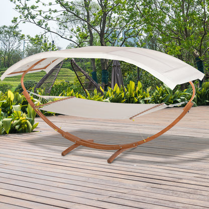 2 Person Wood Swing Arc Hammock Bed and Stand Set with Canopy, White/Teak