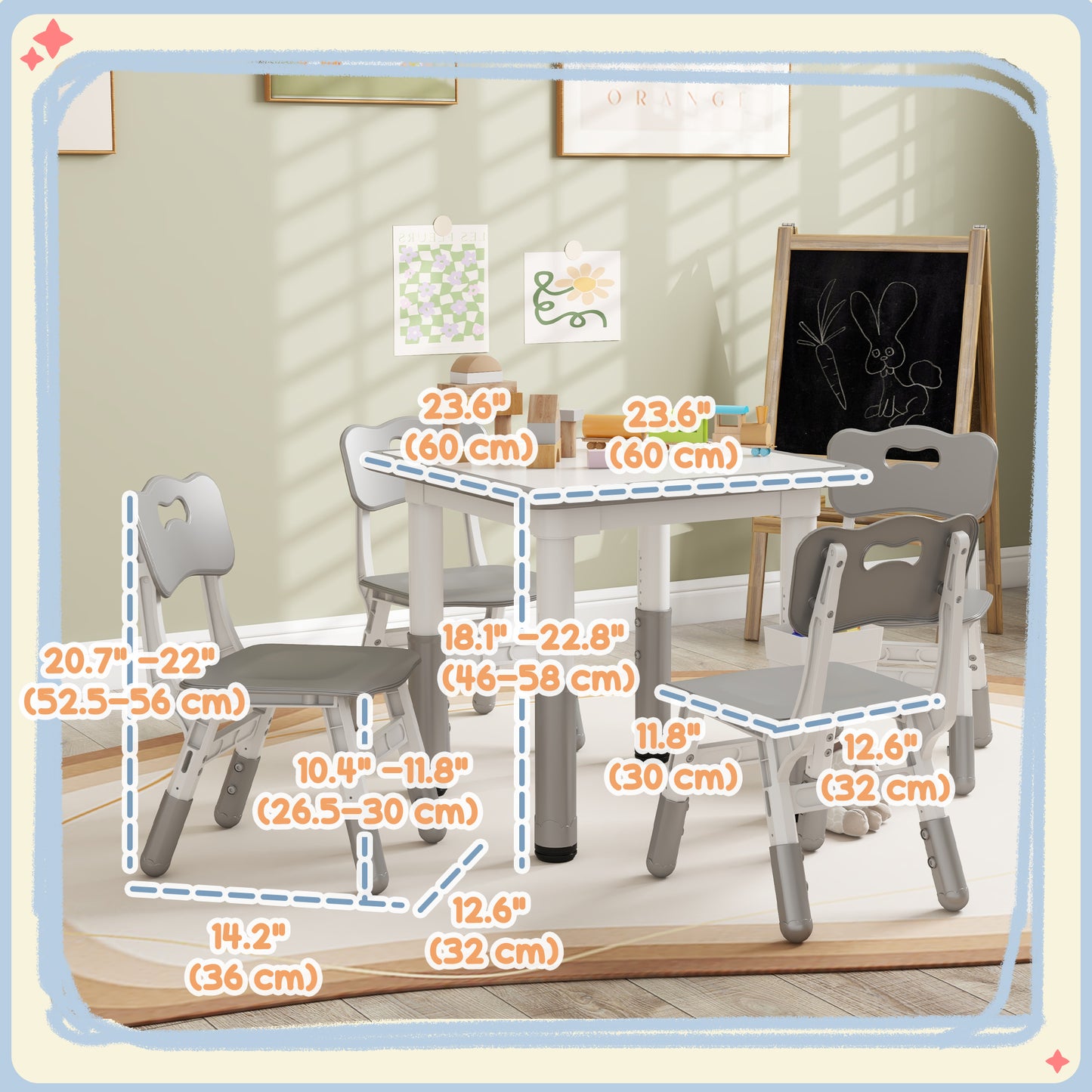 5 Piece Toddler Table Chair Set Height Adjustable Activity Set Nursery Classroom Playroom Furniture Grey