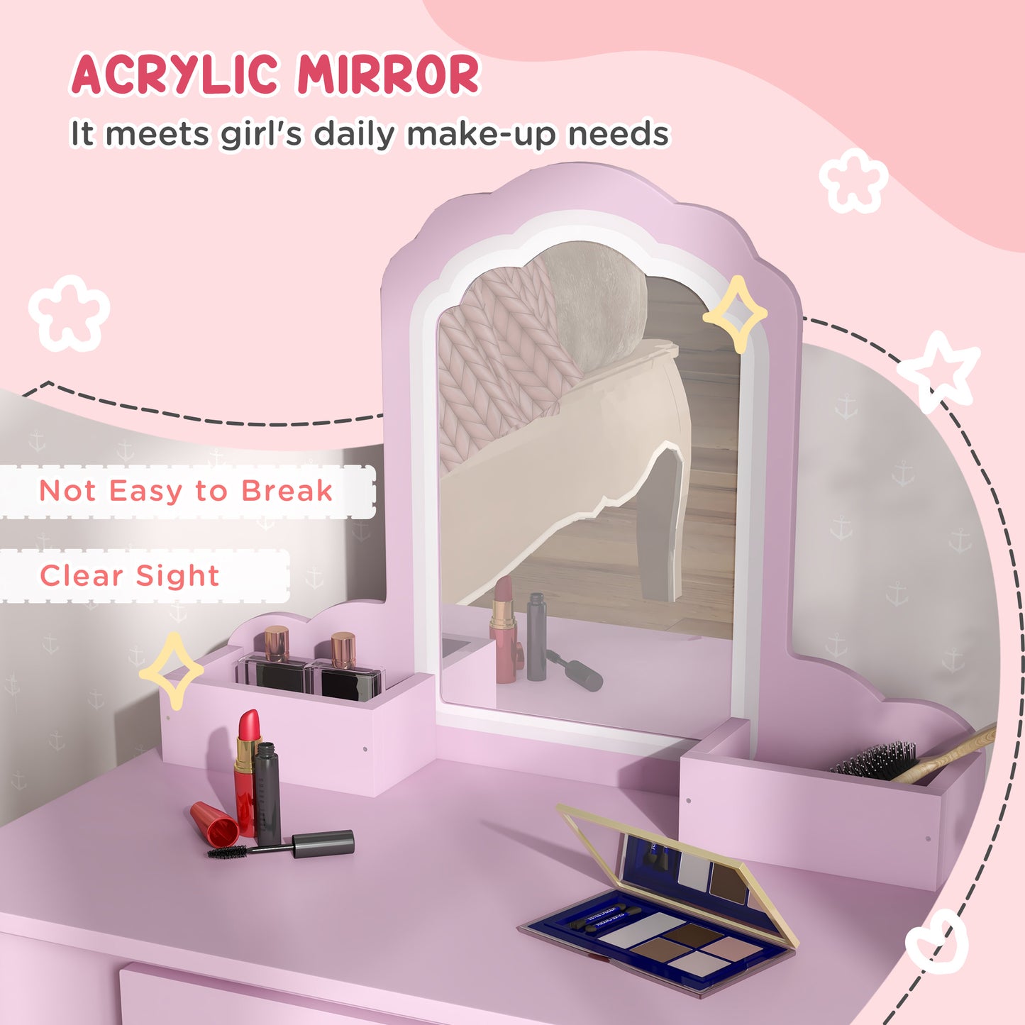 Cloud Vanity Set: Mirror, Stool, Drawer, Storage for 3-6 Years, Pink Kids Crystal