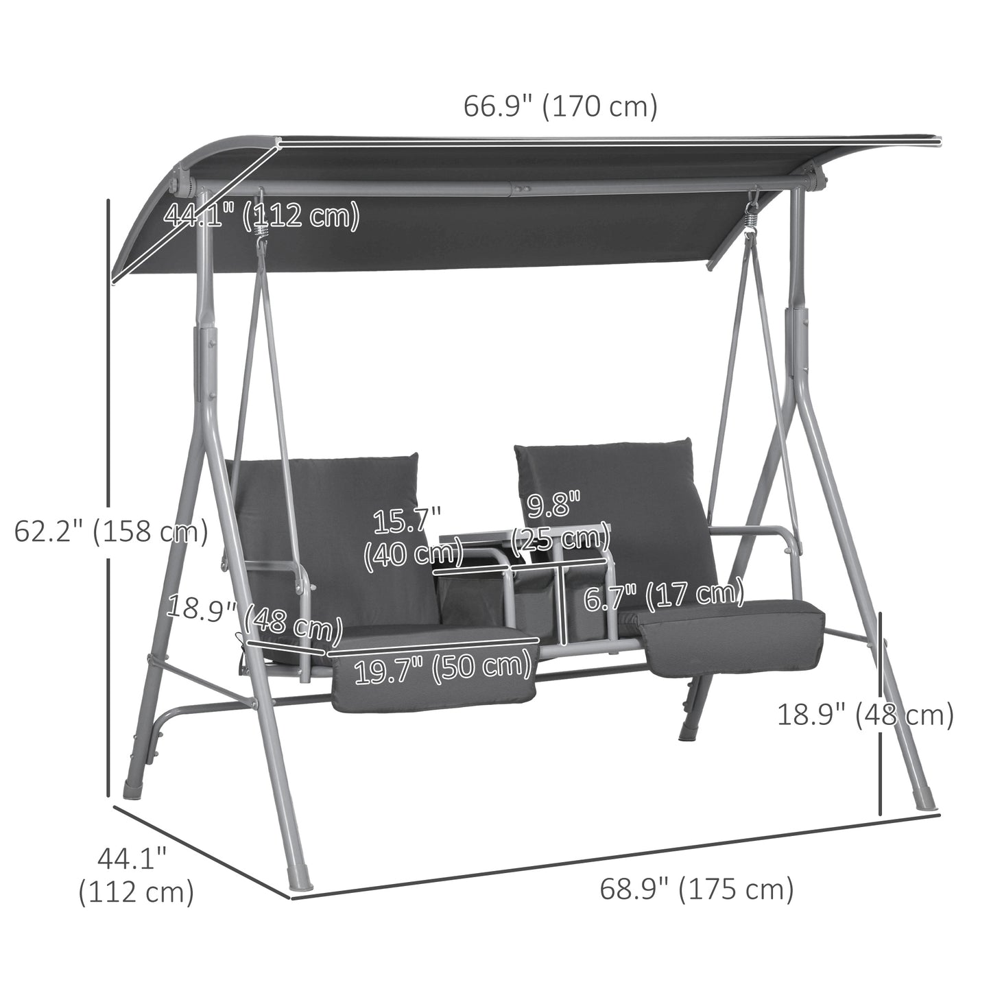 2-Seater Outdoor Porch Swing with Adjustable Canopy and Table, Patio Swing Chair for Garden, Poolside, Backyard, Grey Kids Crystal