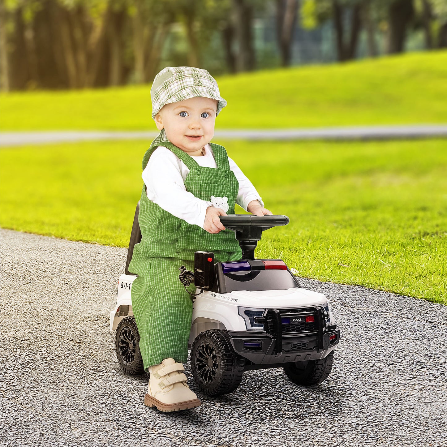 Kids Ride On Police Car Sliding Toy with Storage Megaphone Anti-Tip Device White Kids Crystal