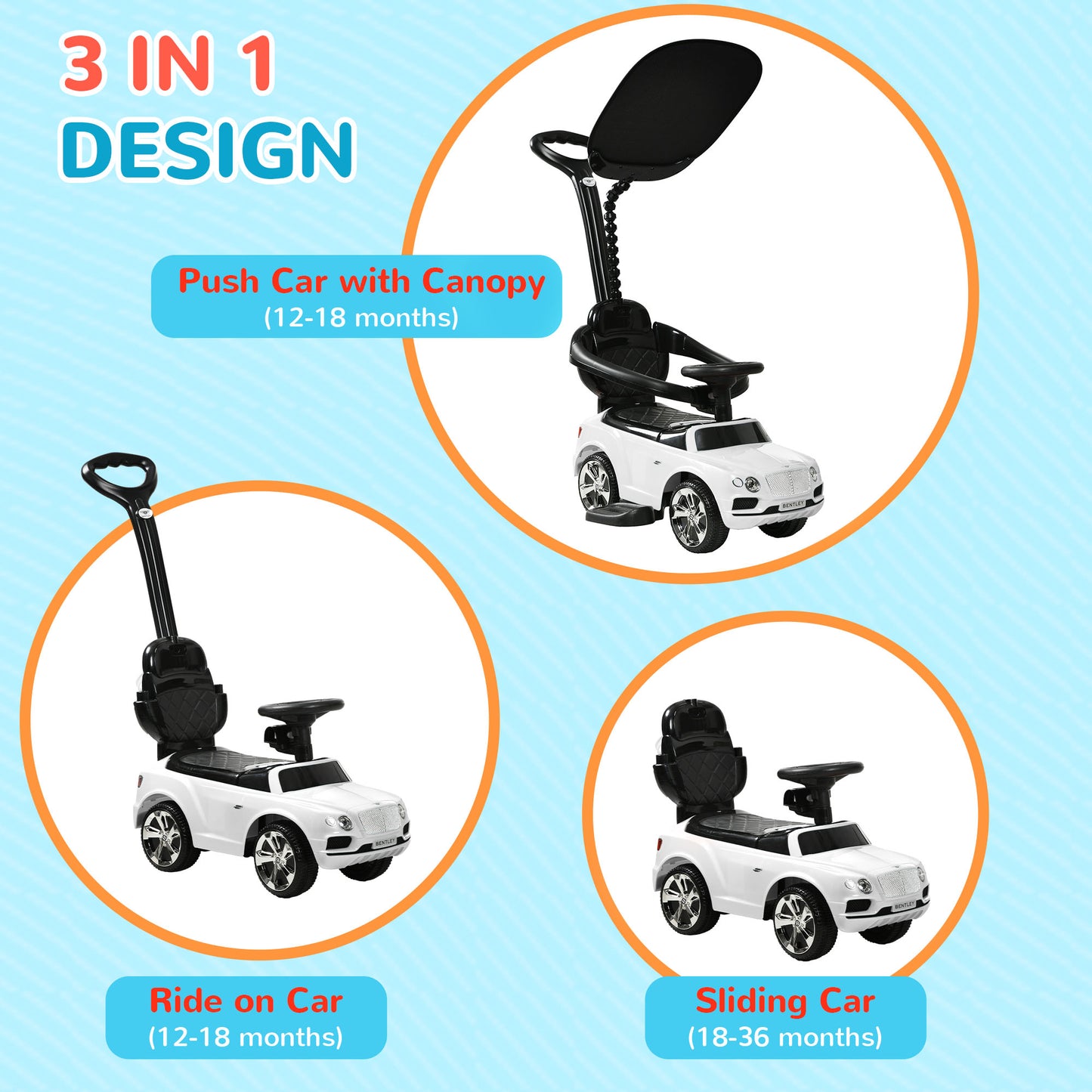 Bentley Bentayga Licensed Push Car, 3 in 1 Kids Ride on Car Foot to Floor w/ Music Horn, White Kids Crystal