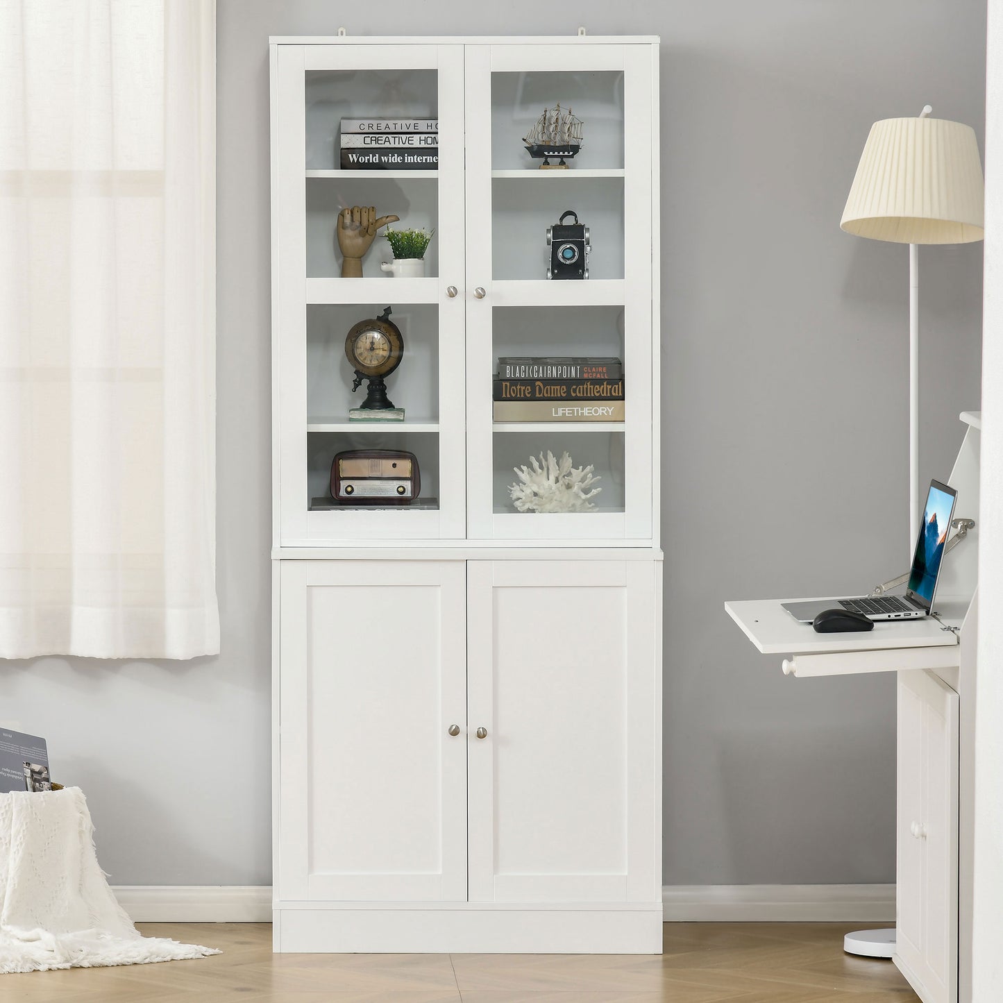 Bookcase Storage Cabinet with Doors, Modern Tall Bookshelf with 2 Adjustable Shelves, Display Unit, White Kids Crystal