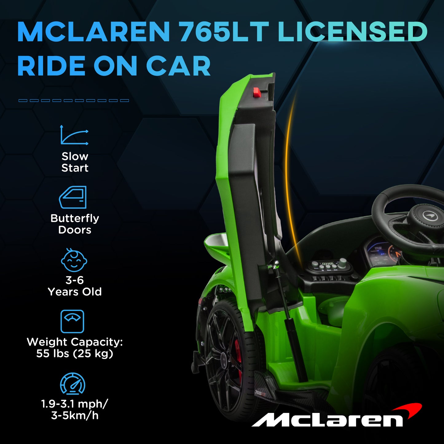 McLaren 765LT Licensed 12V Kids Electric Car w/ Scissor Doors, Training Wheels, Remote, Slow Start, Music Horn Green Kids Crystal