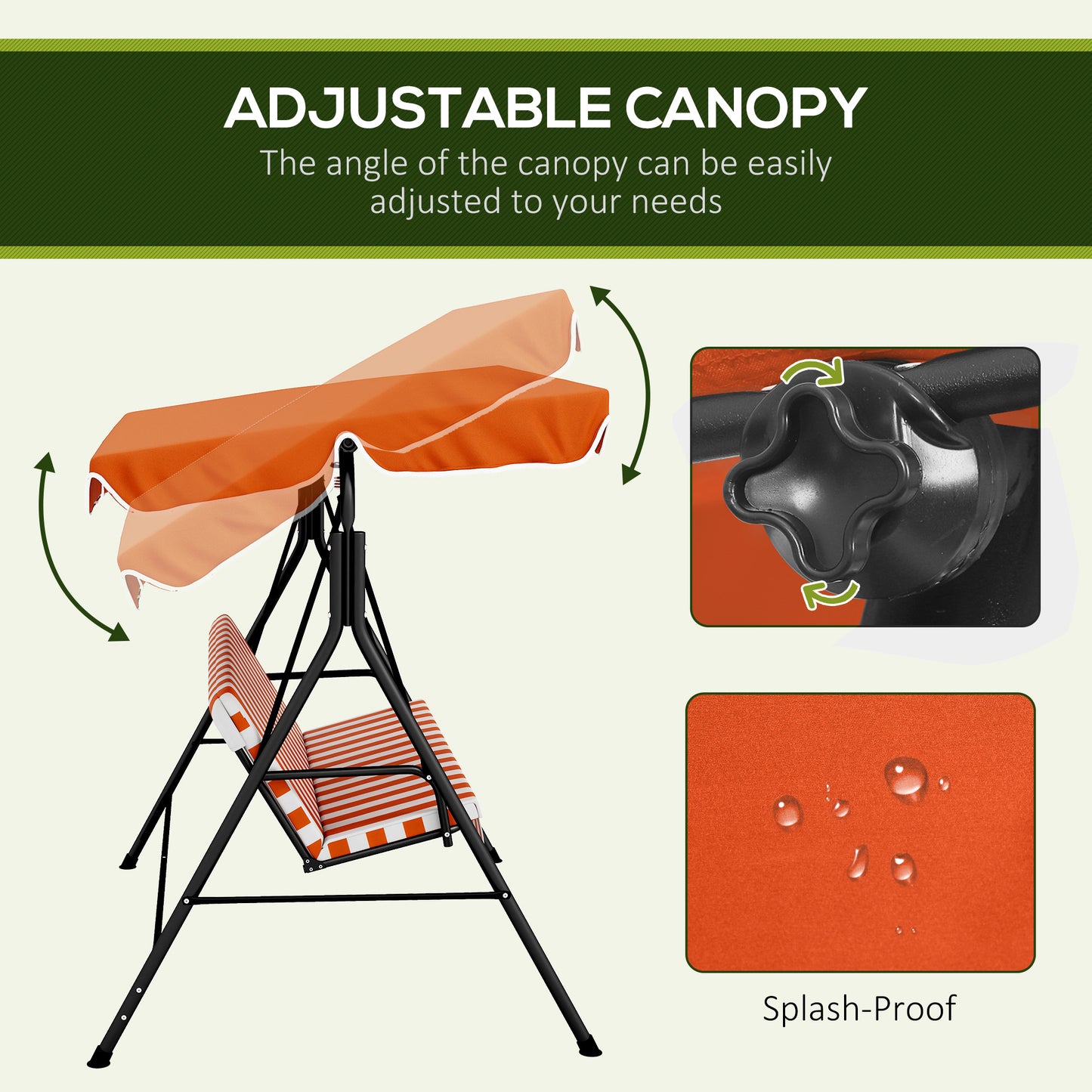 3-Seater Outdoor Porch Swing with Adjustable Canopy Patio Swing Chair for Garden Poolside Backyard Orange Kids Crystal
