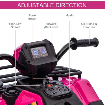 Kids ATV: 12V, 4 Wheeler Quad, Battery Powered, Music, LED Lights, Treaded Tires, 3-5 Years, Pink
