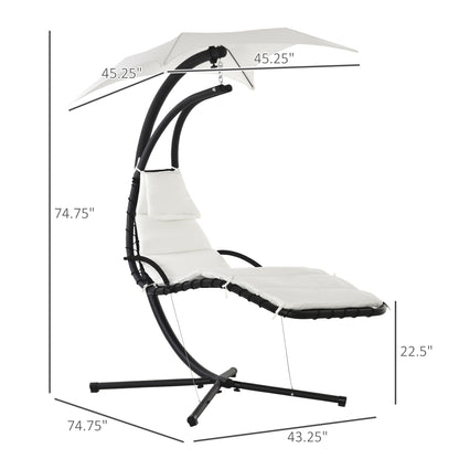 Cream White Floating Chaise Lounge: Outdoor Hanging Hammock Swing Chair with Arc Stand & Canopy for Patio, Porch