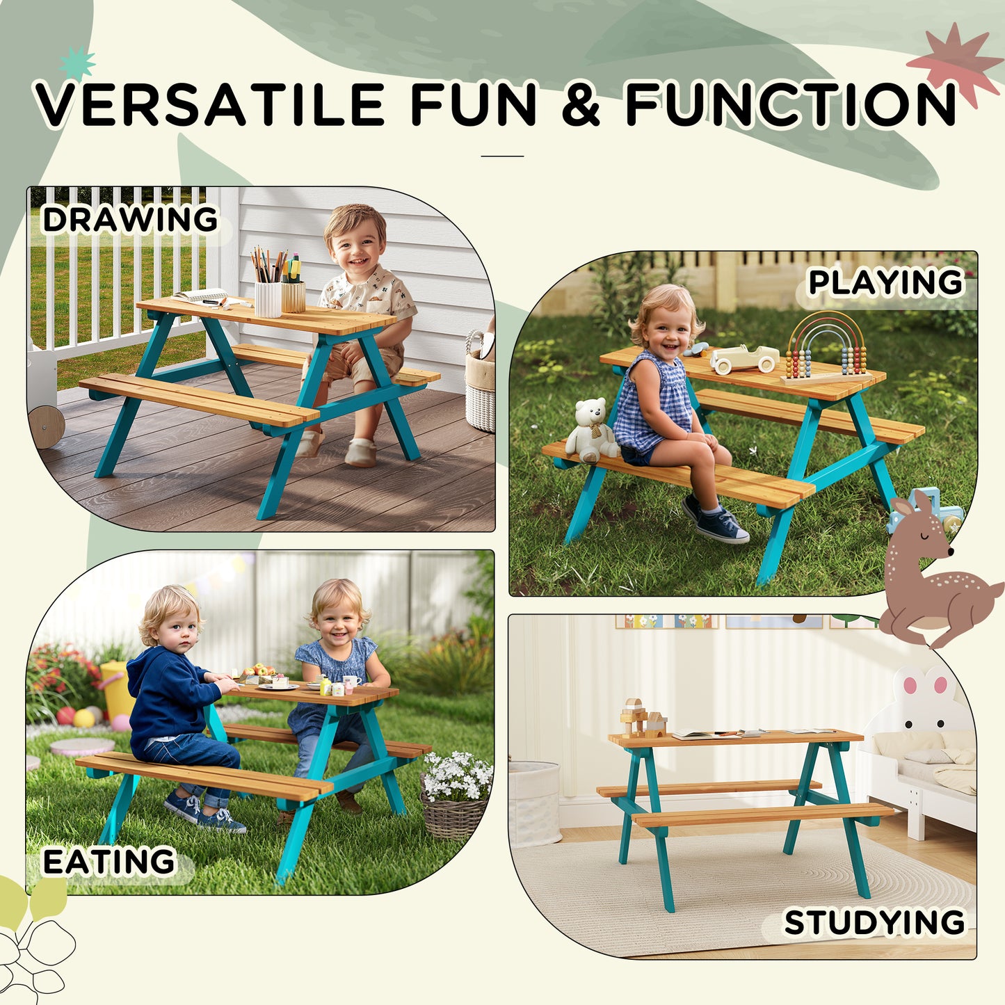 Kids Outdoor Table Set Wooden Toddler Picnic Table Benches 4 Kids 3-8 Years Natural Wood Kids Crystal