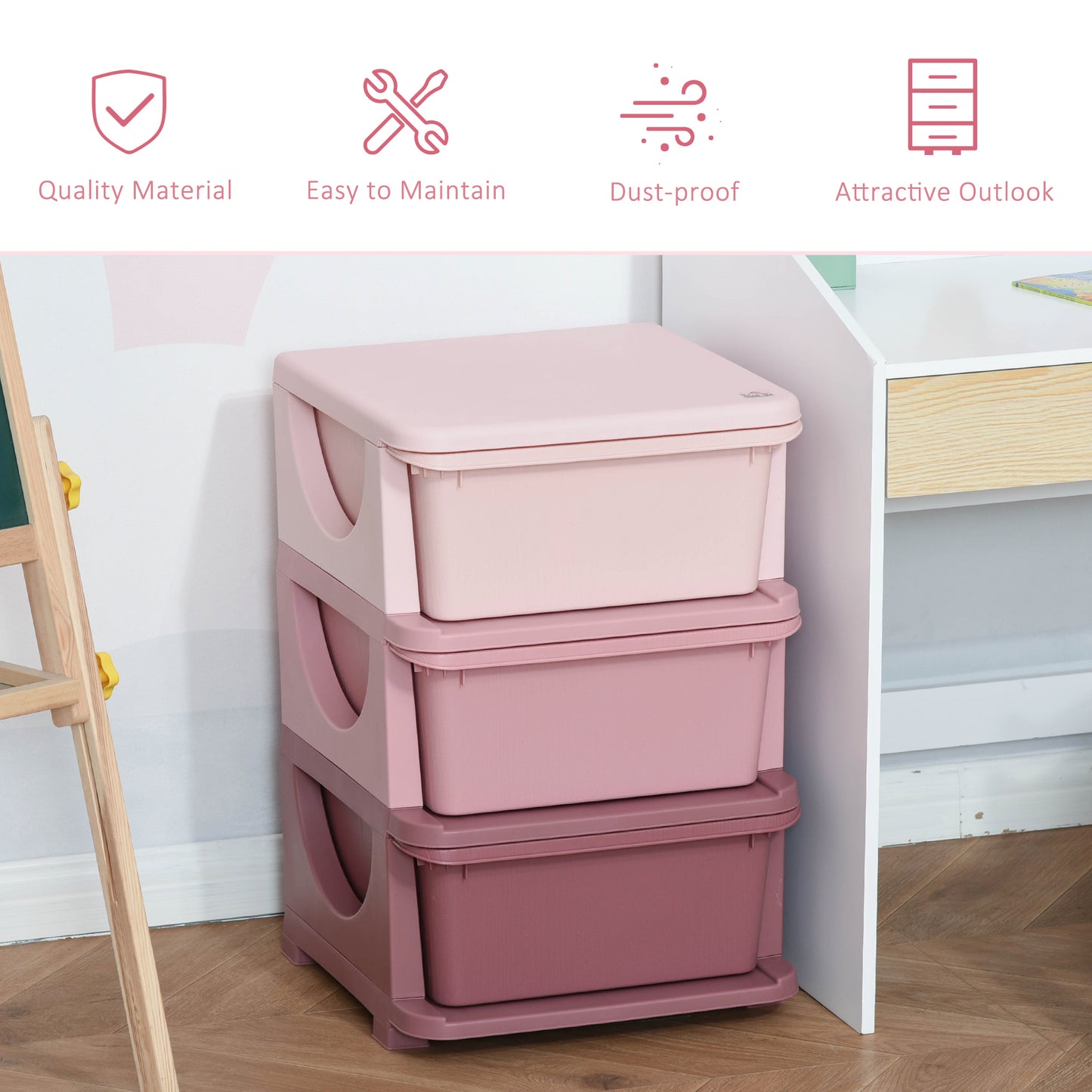 3 Tier Kids Toy Organizer and Storage Bins with 3 Plastic Drawers, Pink Kids Crystal