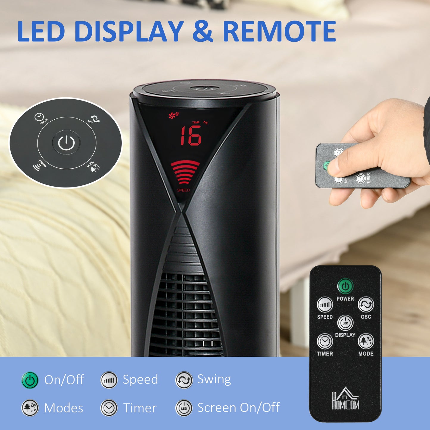 Tower Fan Oscillating 3 Speed 12h Timer LED Remote Control Cooling for Bedroom Home Black Kids Crystal
