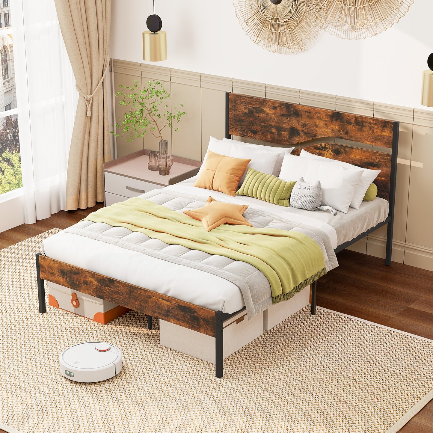 Twin/Full/Queen/King Metal Bed Frame with Wooden Headboard and Footboard-Full Size Kids Crystal