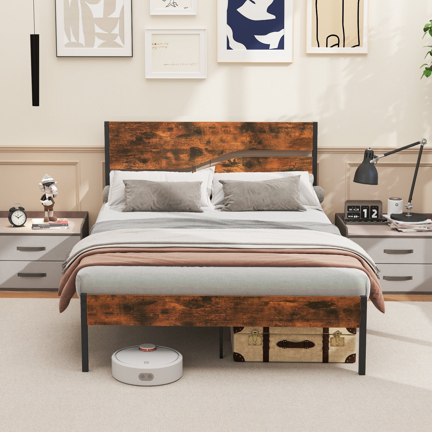 Twin/Full/Queen/King Metal Bed Frame with Wooden Headboard and Footboard-Full Size Kids Crystal