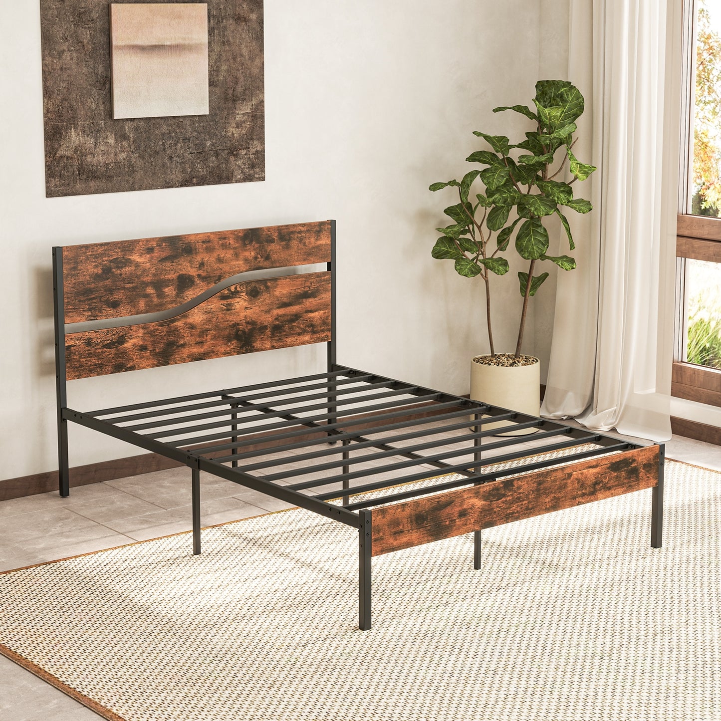 Twin/Full/Queen/King Metal Bed Frame with Wooden Headboard and Footboard-Full Size Kids Crystal