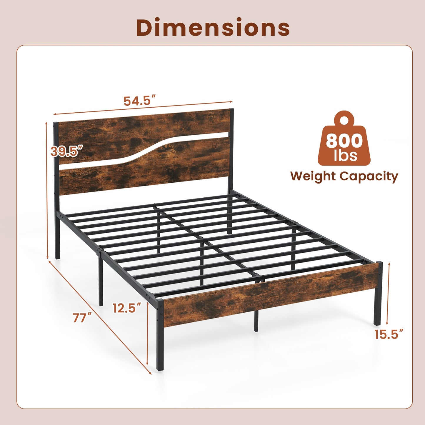 Twin/Full/Queen/King Metal Bed Frame with Wooden Headboard and Footboard-Full Size Kids Crystal