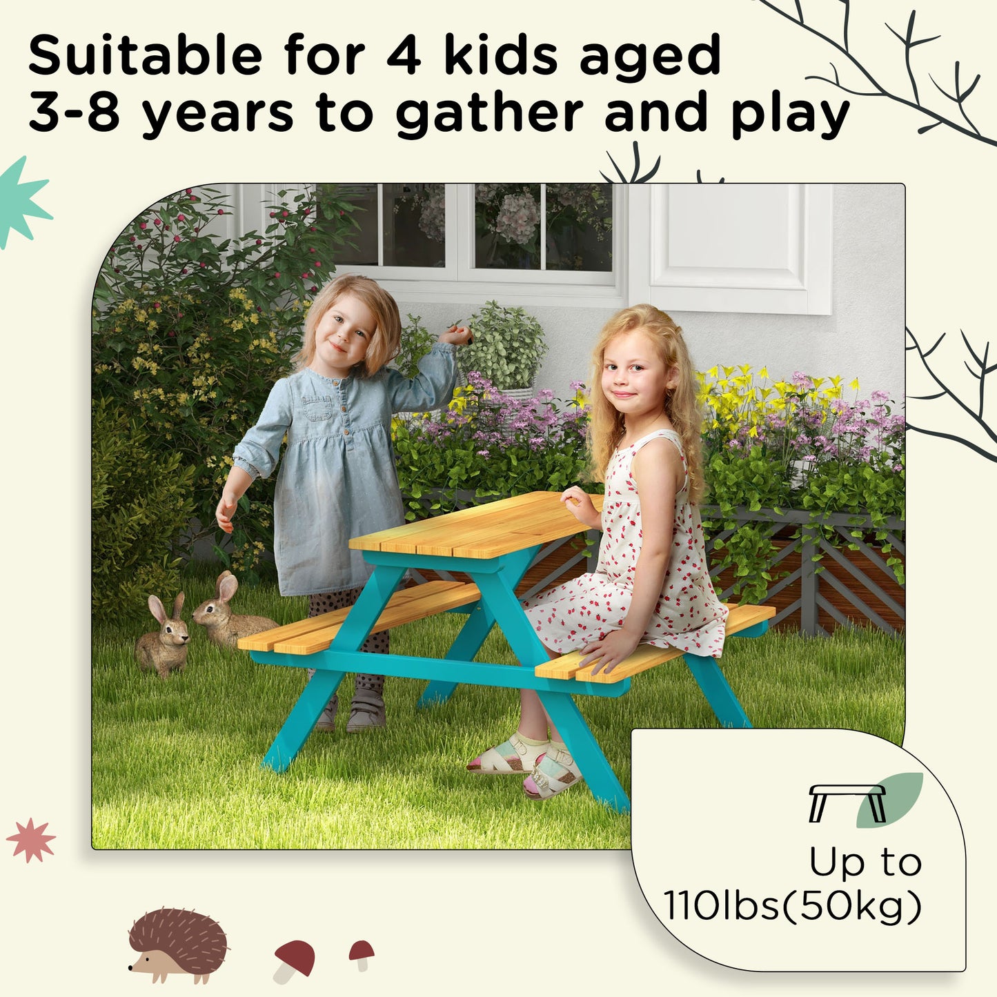 Kids Outdoor Table Set Wooden Toddler Picnic Table Benches 4 Kids 3-8 Years Natural Wood Kids Crystal
