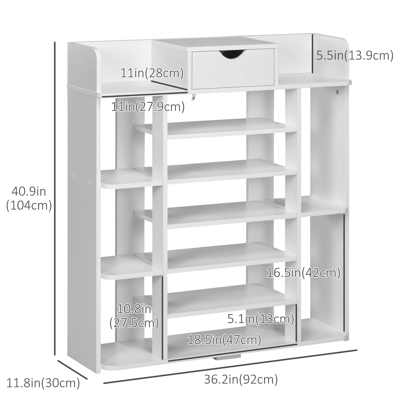Space-Saving Shoe Rack: 7-Tier Organizer with Drawer & 11 Open Shelves for 17 Pairs, White Kids Crystal